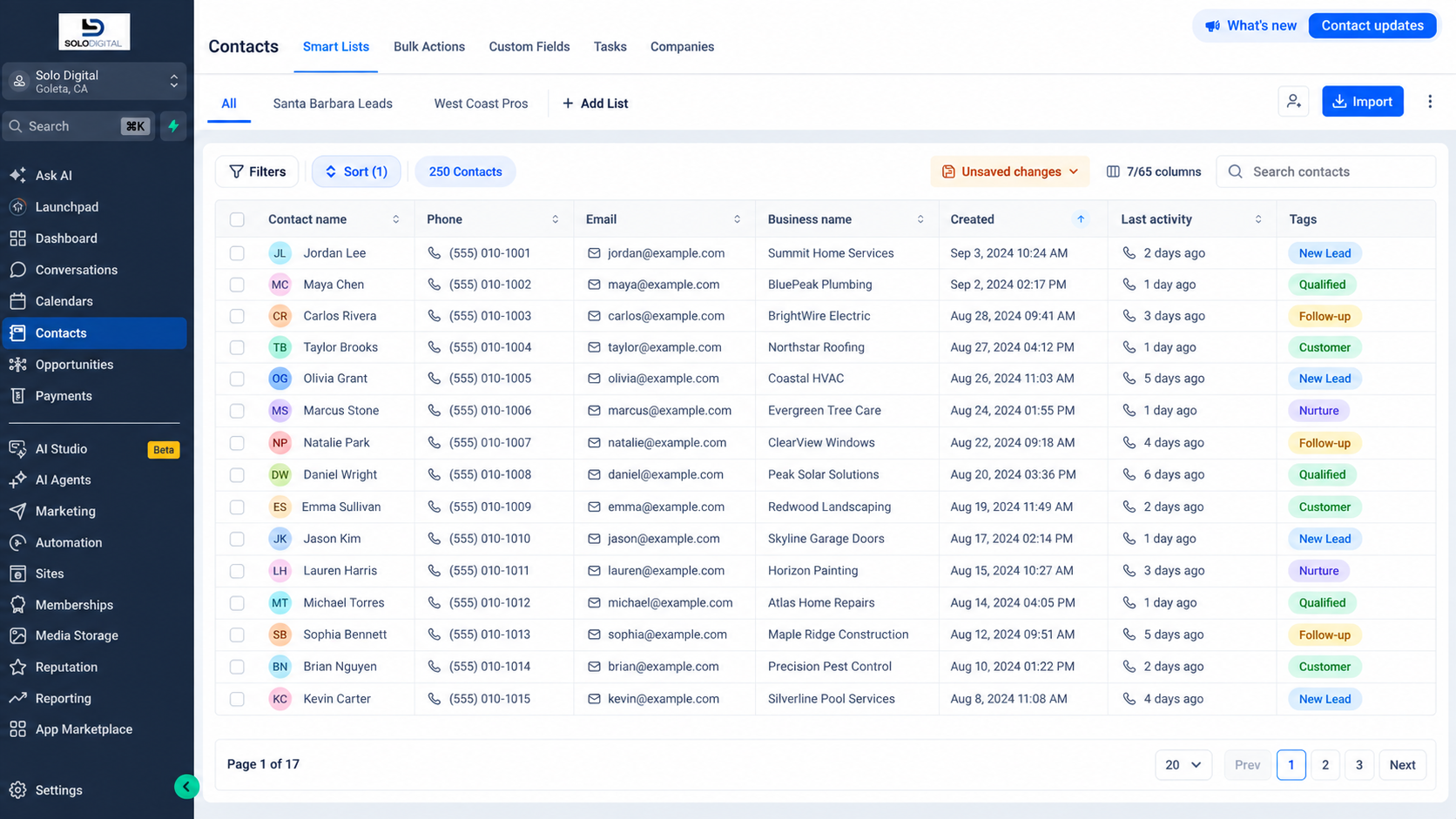Solo Digital CRM contacts list showing organized leads with tags, activity, and smart lists